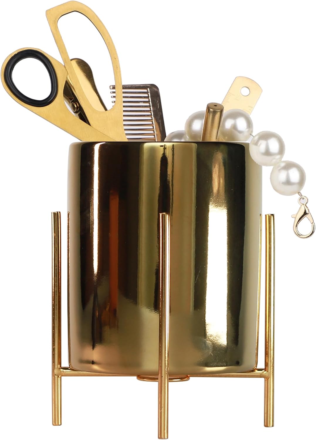 Gold Pencil Cup Sturdy Metal Frame With White Ceramic Pen Holder For Desks and kitchen Appliance Holders