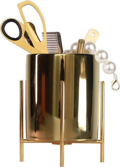 Gold Pencil Cup Sturdy Metal Frame With White Ceramic Pen Holder For Desks and kitchen Appliance Holders