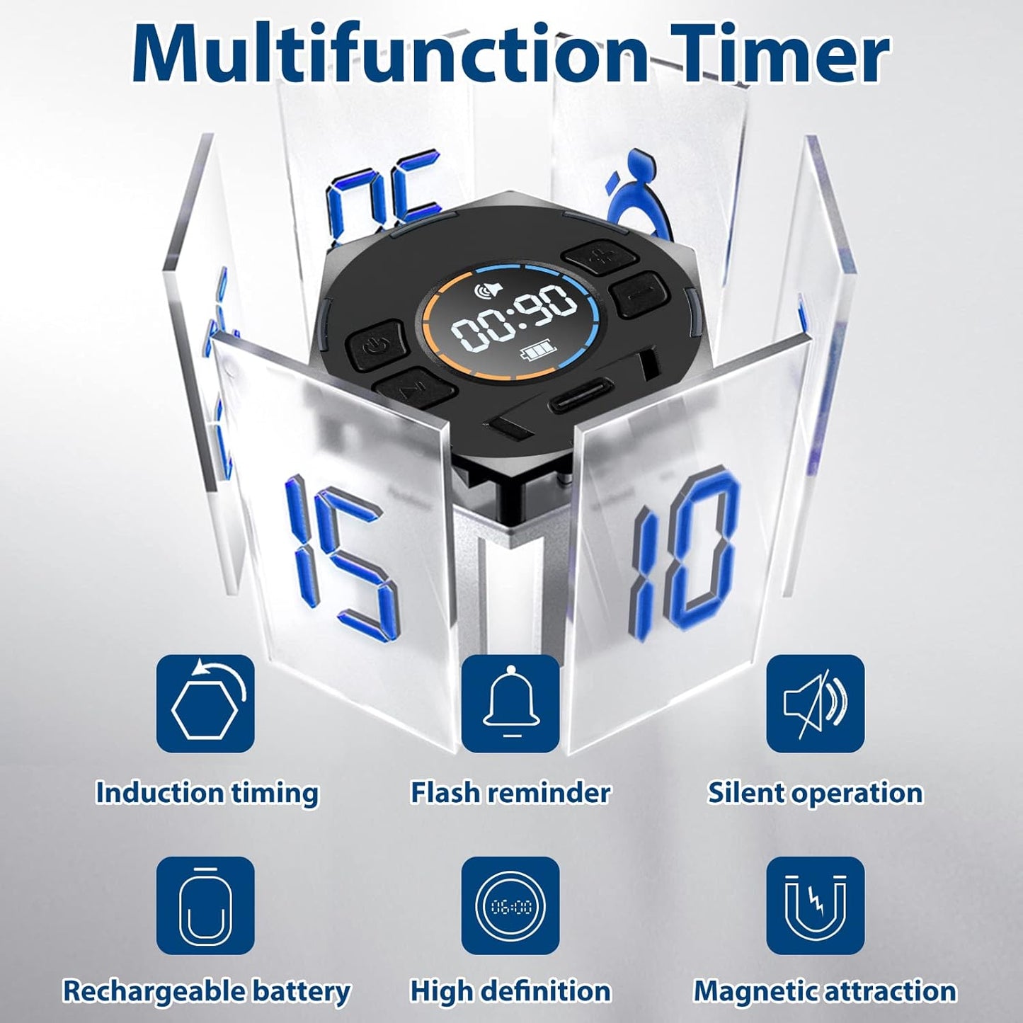 Multi-Hexagon Pomodoro Timer, Digital Cube With Various Time Presets, Magnetic Visual & Flip Focus, Rotating Display, Silent & Alarm, Count Up & Countdown for Classroom, Cook, Gym, Office