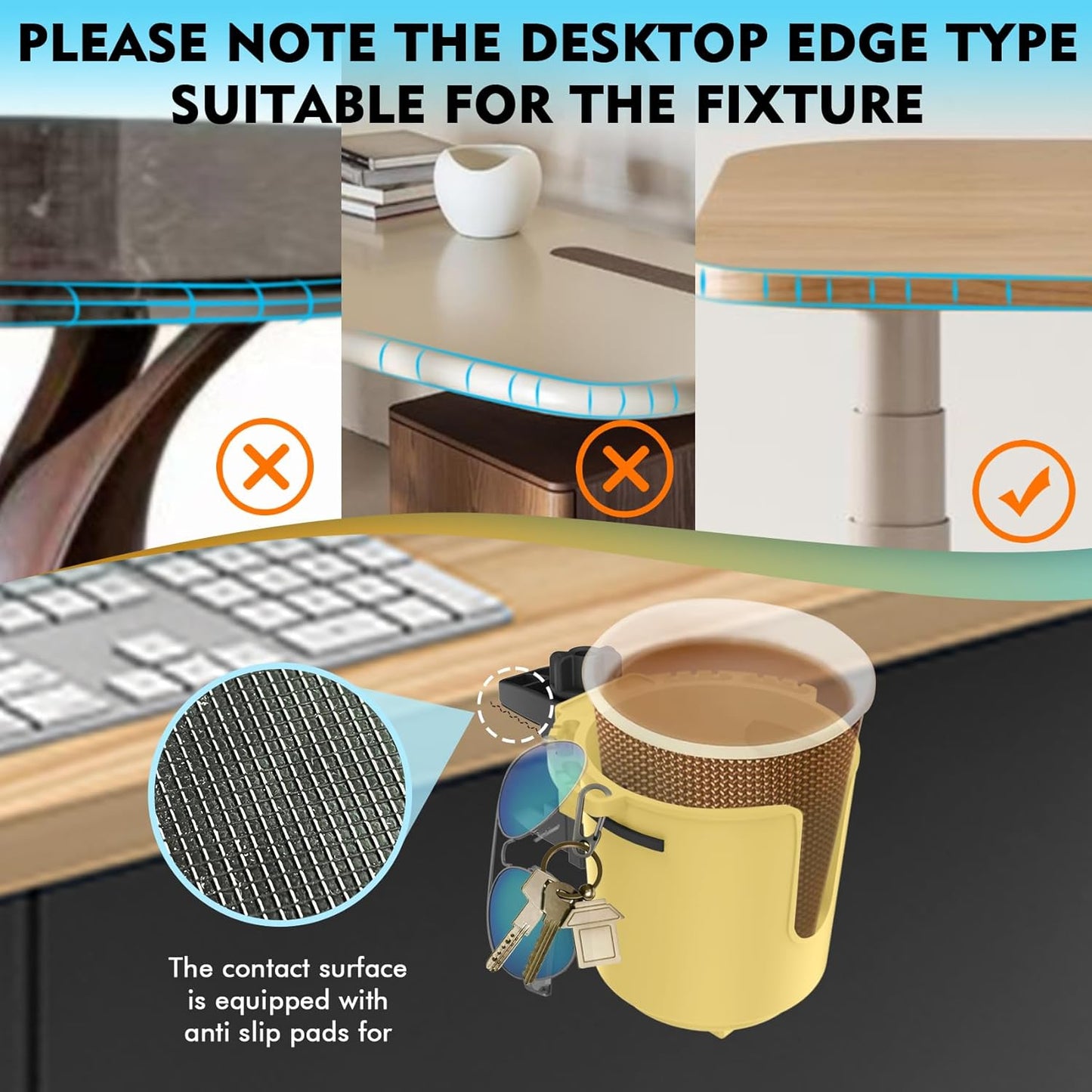 Desk Cup Holder with Spill-Proof Cup Design, Clip on Cup Holders for Desk, Table, Porch Swing, Patio Chair , Fits Maximum Diameter of 3/3.38 inches Bottles. (Black, Large)