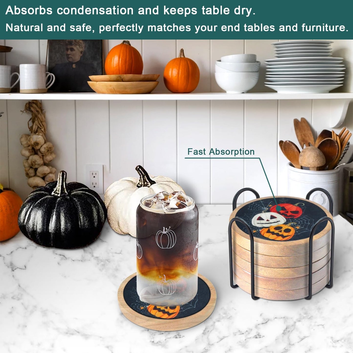 Wood Coasters for Drinks, Minacun Absorbent Coaster Sets of 5, Drinks Coasters for Coffee Tabletop Protection, Non-Slip, Non-Stick, Suitable for Kinds of Cups Wooden Table Drink, 4.3 Inches Black