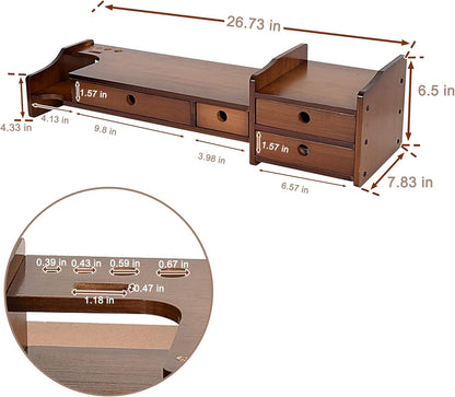 Sundale Outdoor WAYTRIM Bamboo Wood Monitor Stand Ergonomic Computer Riser with Storage Organizer Drawers Desktop Laptop Shelf Risers Cellphone Stand for Home and Office Use, Classic Antique Brown
