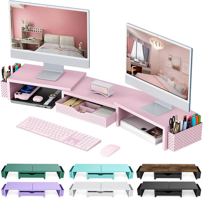 gianotter Dual Monitor Stand Riser, Desk Organizer With Drawer and 2 Pen Holders,Computer Monitor Stand, Desk Shelf for Top of Desk, Wood