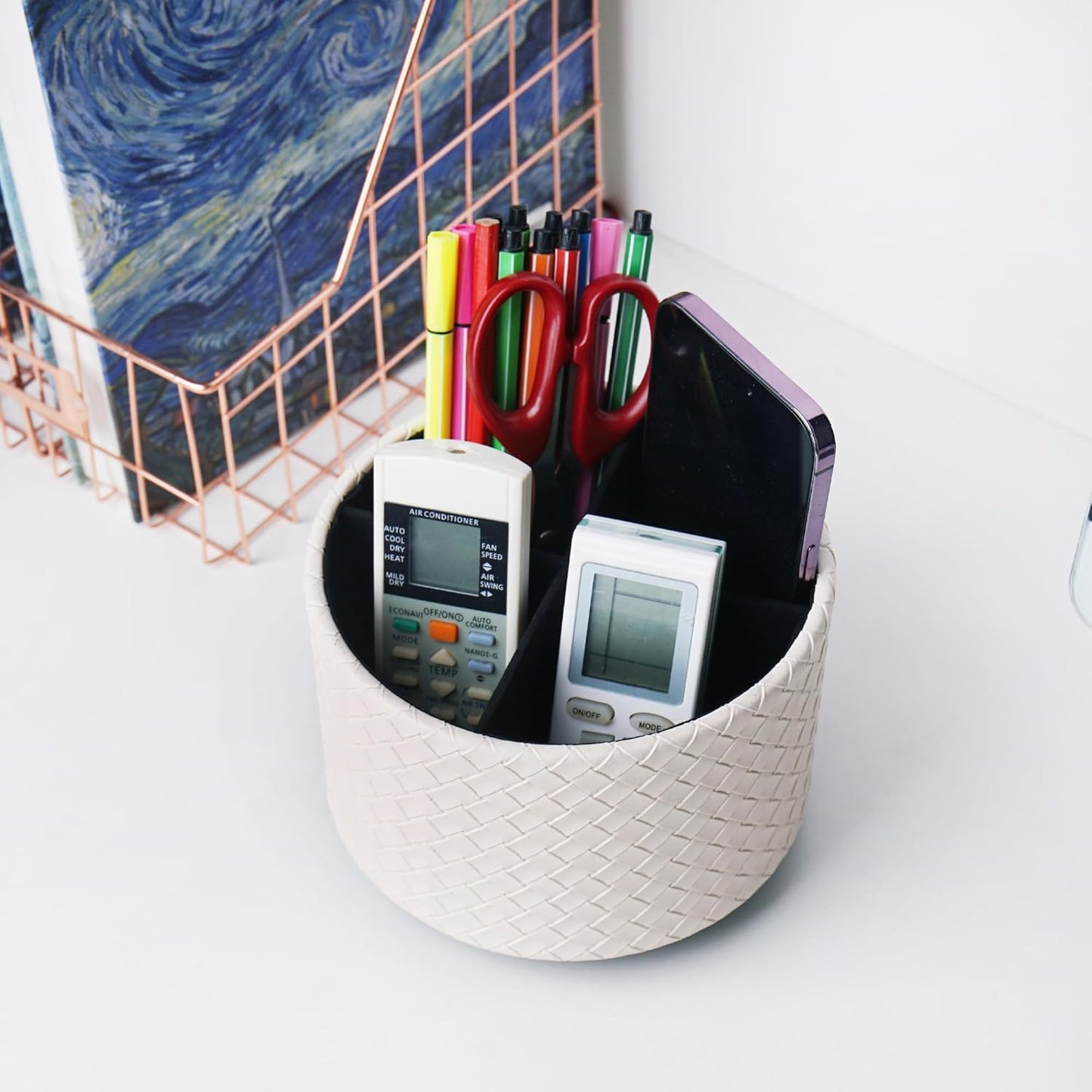 Round Leather Art Supply Organizer,Remote Control Holder,360 Degree Rotating,Multi-Functional Pencil Holder,4 Compartments Desktop Stationary Organizer(1-Fractal Flower) | Round - Colors B