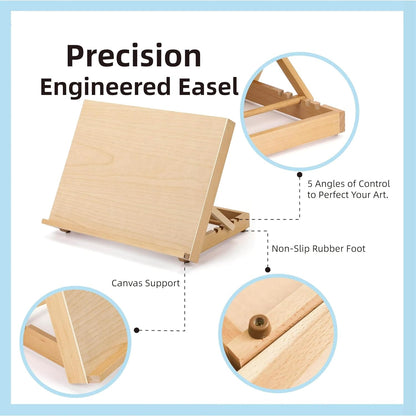 Adjustable Beech Wood Tabletop Easels for Painting and Drawing Supplies - Portable Drafting Table & Art Stand, 5-Position Desk Easel with Smooth Art Board for Studio Sketching (16.5" x 12.5")