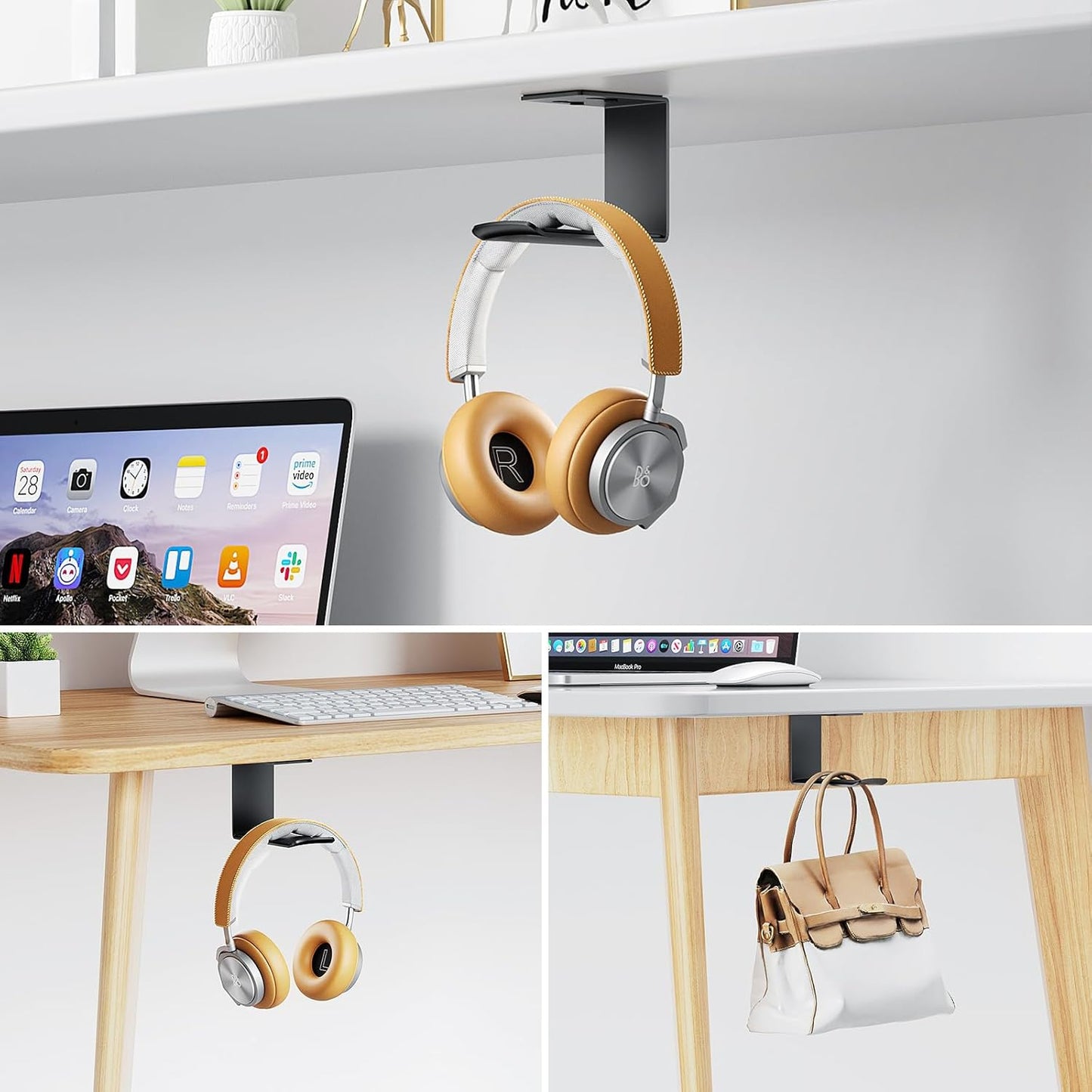Headphone Stand Hanger,Headset Holder Mount,Aluminum Hook with Strong Adhesive Tape for Headphones (H02-Black-1PCS)