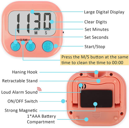 2 Pack Digital Kitchen Timer for Cooking Big Digits Loud Alarm Magnetic Backing Stand Cooking Timers for Baking White