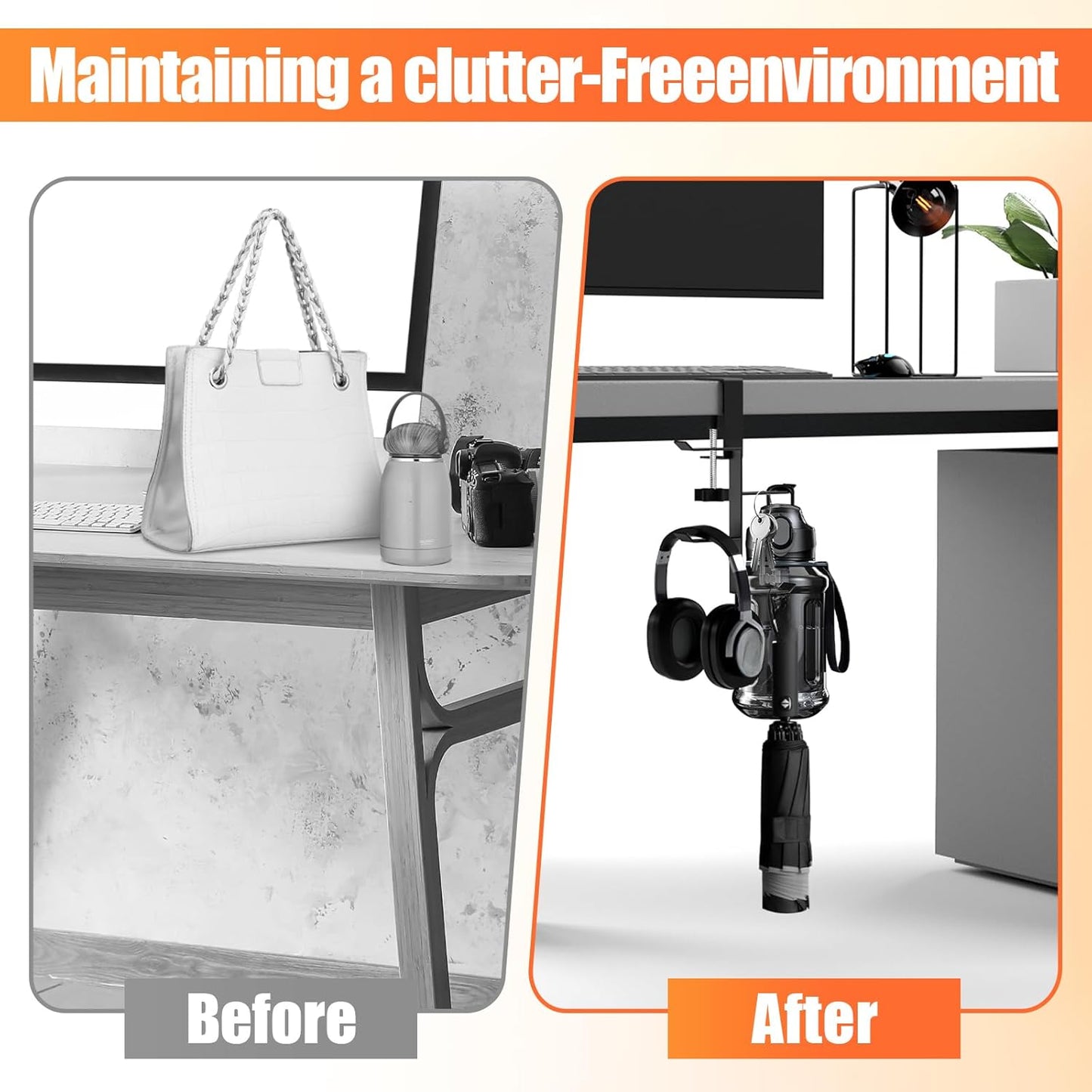 MorningRo 4 Tier Desk Hook, Under Desk Handbag Hanger Purse Hook for Table,Backpack Hanger Purse Holder for Desk Mount Adjustable Can Hook Bags, Umbrellas, Keys,Cups, Headphone Holder