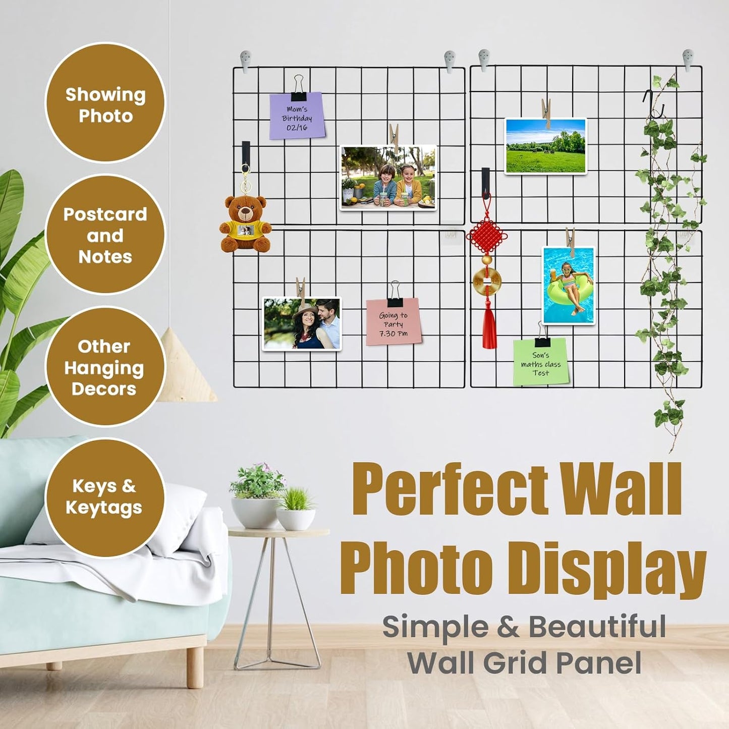 CIKLCIX Metal Grid Wall Panel, Wire Grid Photo Display Organizer, 17.3"×11.8" Gold Wire Board Grid Wall, Grid Picture Frame, 2-Pack Wire Mesh Memo Board With Clips and Hooks