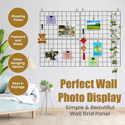 CIKLCIX Metal Grid Wall Panel, Wire Grid Photo Display Organizer, 17.3"×11.8" Gold Wire Board Grid Wall, Grid Picture Frame, 2-Pack Wire Mesh Memo Board With Clips and Hooks
