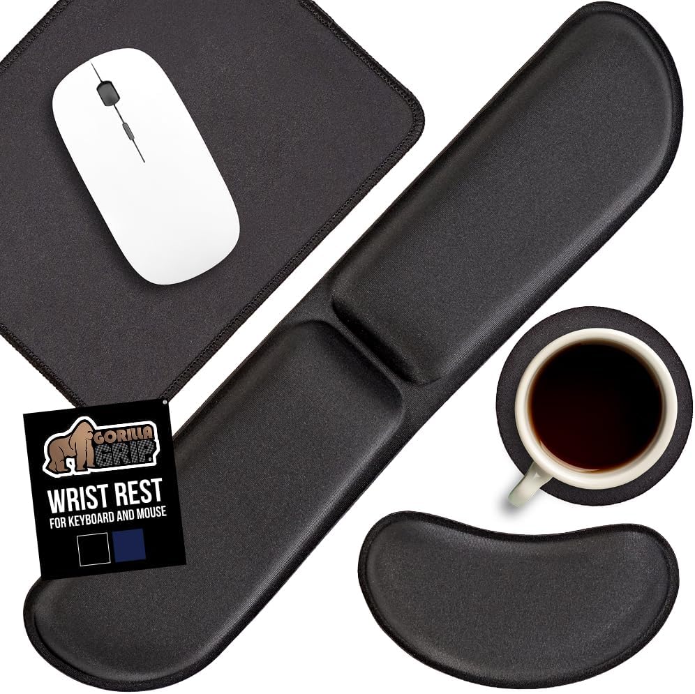 GORILLA GRIP Silky Memory Foam Wrist Rest for Computer Keyboard, Mouse, Ergonomic Design for Typing Pain Relief, Desk Pads Support Hand and Arm, Mousepad Rests, Stain Resistant, 2 Piece Pad, Black