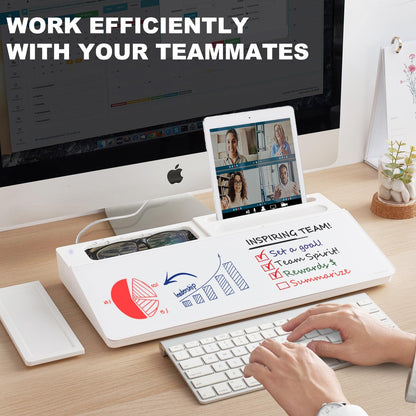 TSJ OFFICE Small Desktop Whiteboard -Glass Dry Erase Board Computer Keyboard Stand White Board Surface Pad with Drawer, Desk Organizers with Accessories for Office, Home, School Supplies - White