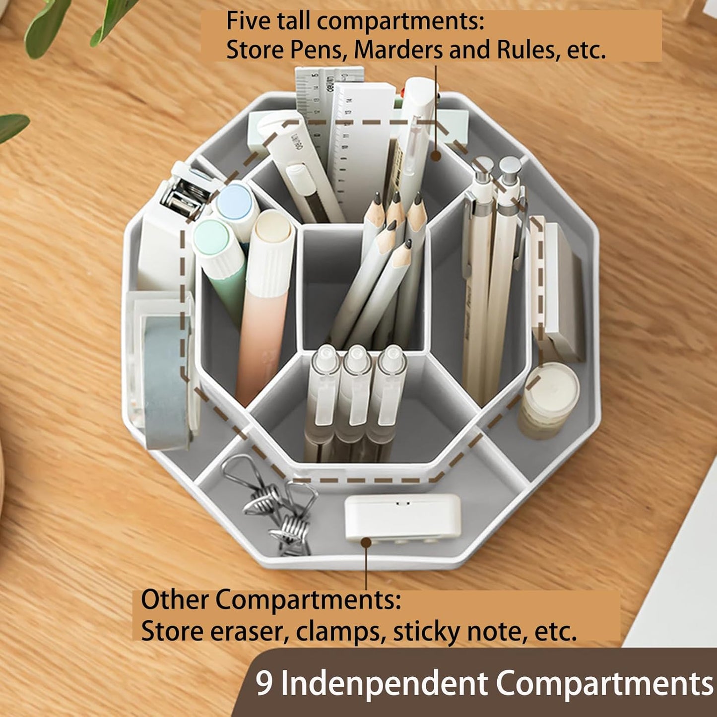 Rotating Desk Organizer, 360° Rotating Pencil Pen Holder for Desk, Desk Organizers and Accessories with 11 Slots Pencil Organizer, Art Supply Storage Box Caddy for Office (Beige)