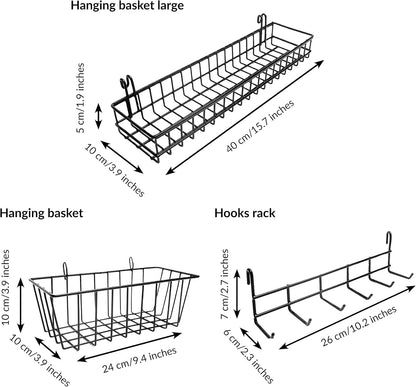 2 Pack Wire Wall Grid Panel With Accessories | Includes Hanging Basket, Shelf & Hook Rack | Photo Grid Wall Panels | Hanging Home, Office & Kitchen Décor | Metal & Black