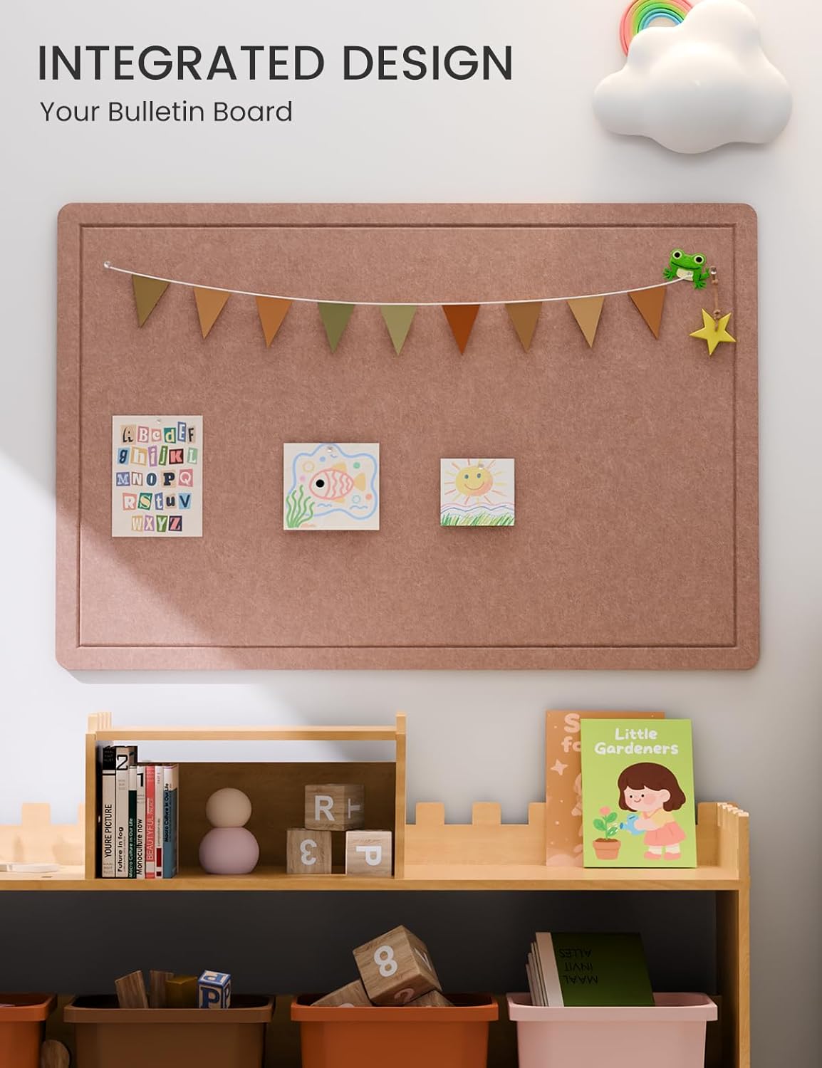 Fluxynara Bulletin Board, 23.6" x 17.5" Cork Board Alternative with 12 Safe Removable Adhesive Tabs, Foldable Felt Pin Board for Home Office, Classroom, Bedroom,Entryway for Walls—Sage