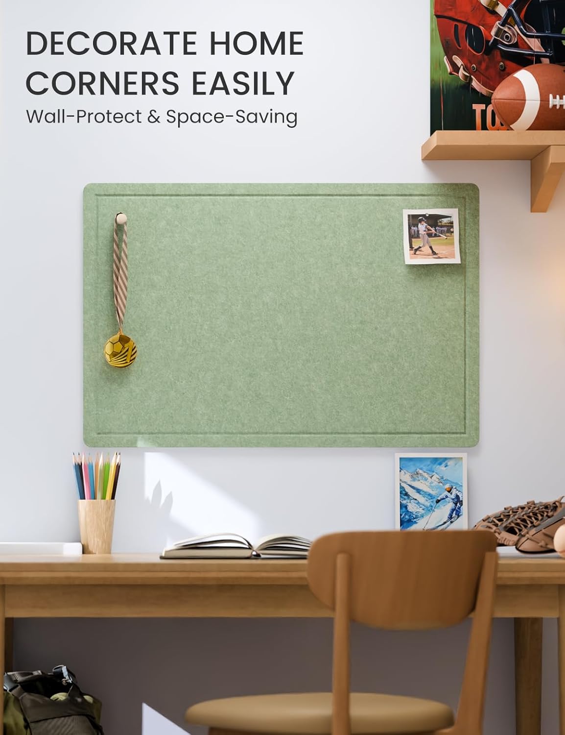 Fluxynara Bulletin Board, 23.6" x 17.5" Cork Board Alternative with 12 Safe Removable Adhesive Tabs, Foldable Felt Pin Board for Home Office, Classroom, Bedroom,Entryway for Walls—Sage