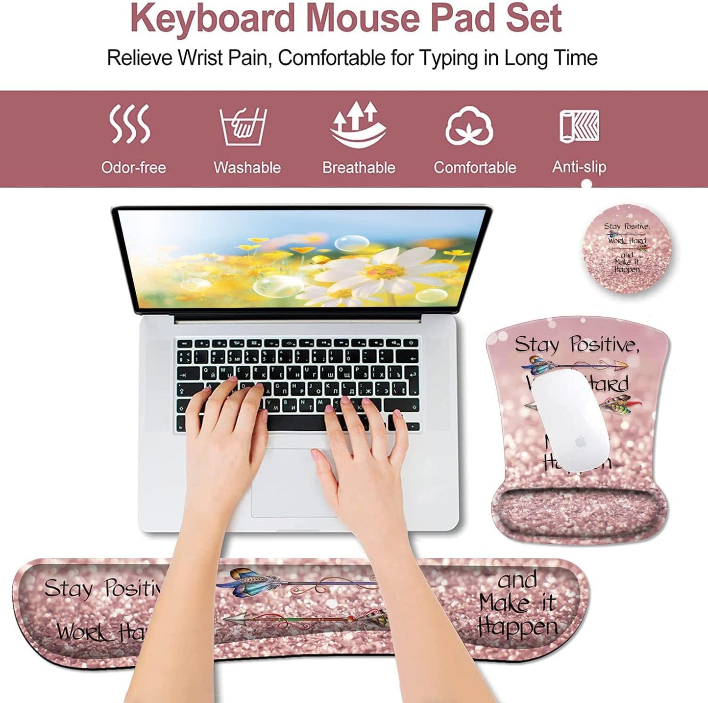 Mouse Pad with Wrist Support, Ergonomic Gel Mouse Pad Beautiful Flowers,Non-Slip Durable, Memory Foam Keyboard Wrist Rest, Suitable for Office Typing Games, Pink Hyacinths on Wood Panel