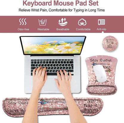 Mouse Pad with Wrist Support, Ergonomic Gel Mouse Pad Beautiful Flowers,Non-Slip Durable, Memory Foam Keyboard Wrist Rest, Suitable for Office Typing Games, Pink Hyacinths on Wood Panel