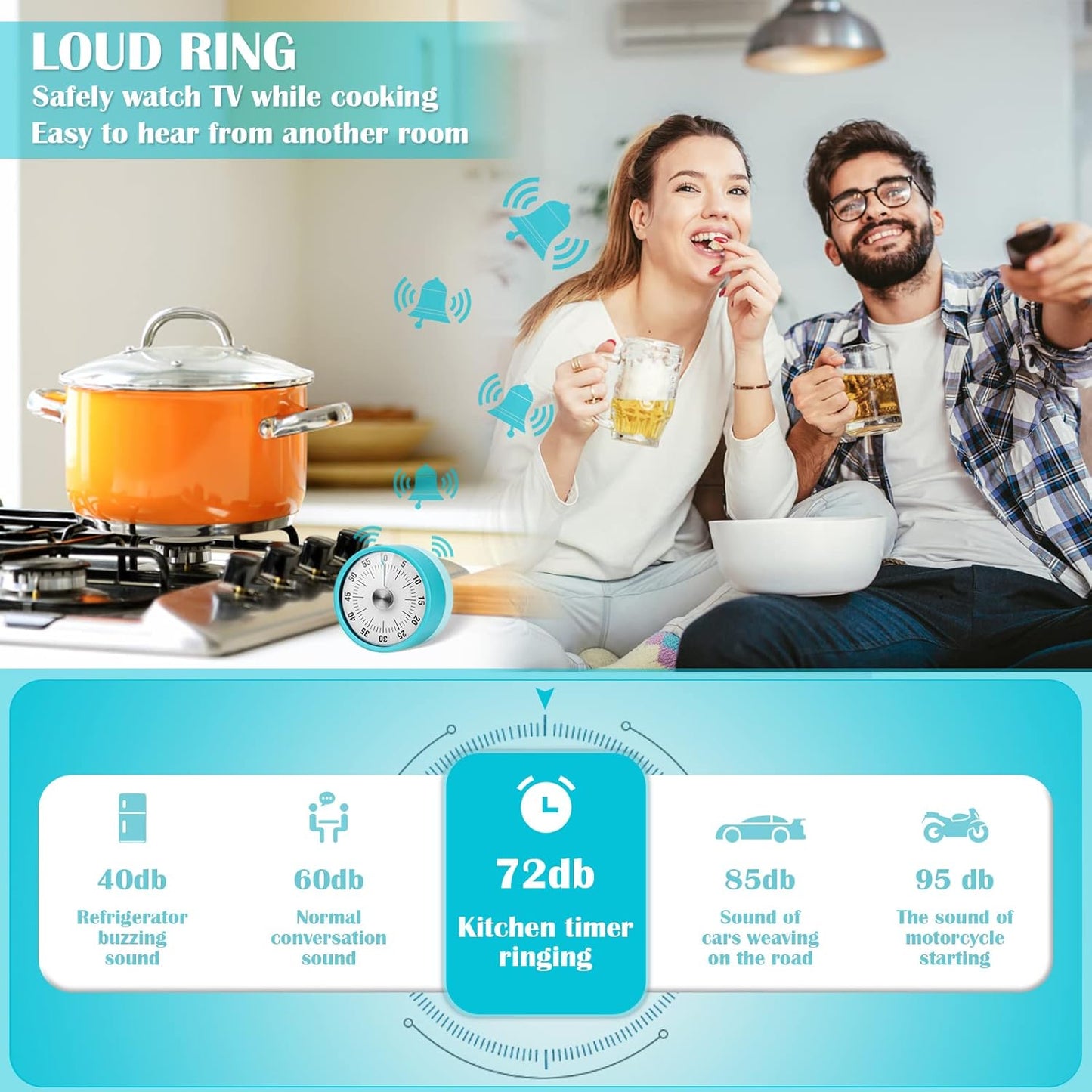 Kitchen Timer, 60-Minute Visual Timer for Kids & Adults, Wind Up Timer with Magnetic Backing, Loud Ring Timers for Classroom, Study, Cooking, Exercise