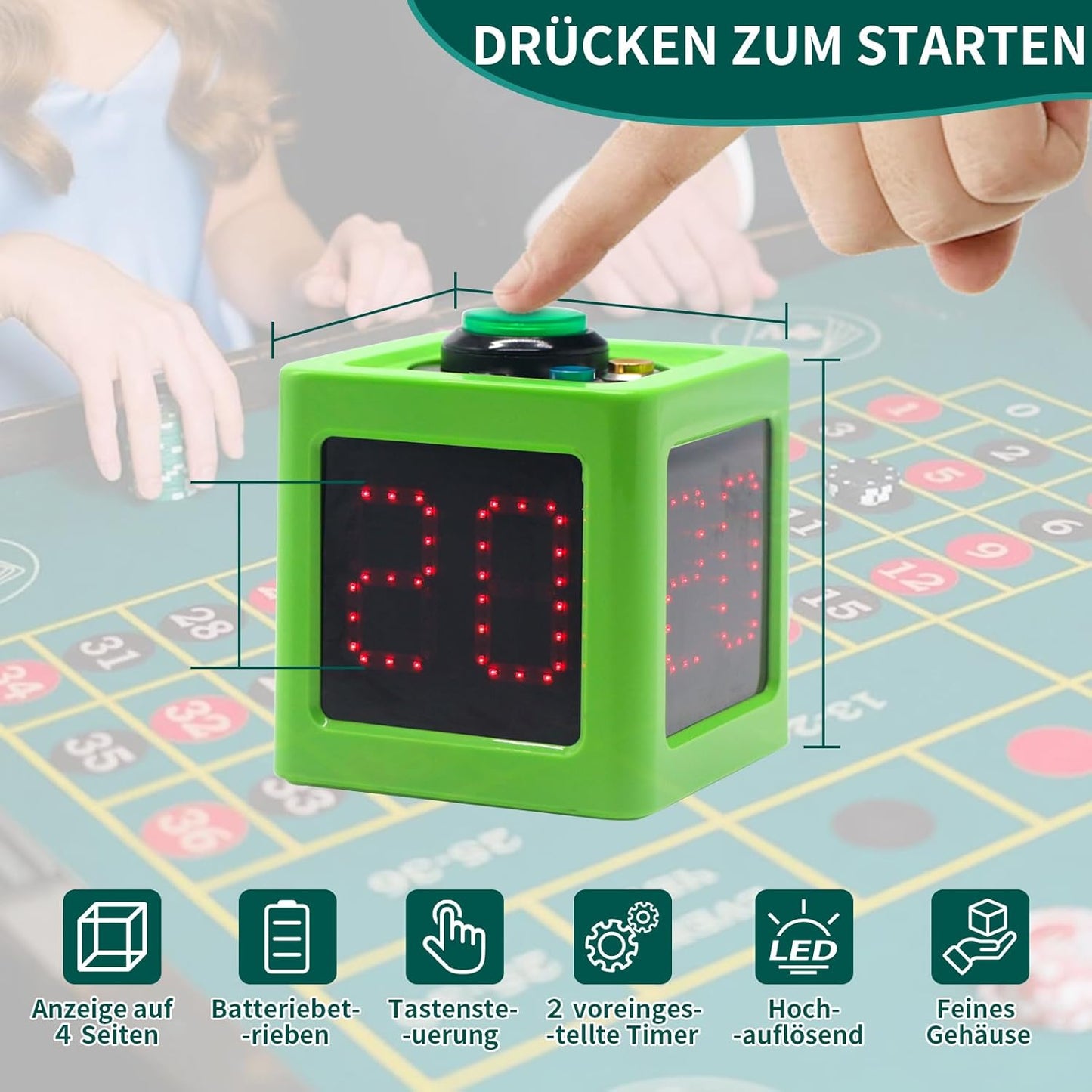 GANXIN Poker Shot Clock, Seconds Countdown Timer for Poker/Casino/Chess Tournament,20/30 Sec and Custom Time,4-Sides Cube Timer (Small,Green)