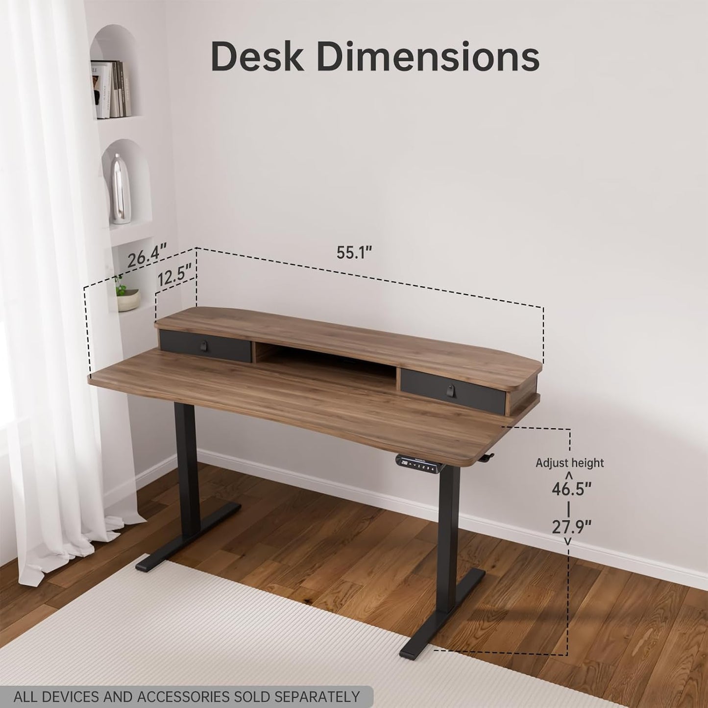 HUANUO 48″ x 24″ Electric Standing Desk with 2 Drawers, C-Clamp Mount Compatible, Height Adjustable Computer Desk, Home Office Stand Up Desk with 4 Preset Heights & 2 Hooks, Black