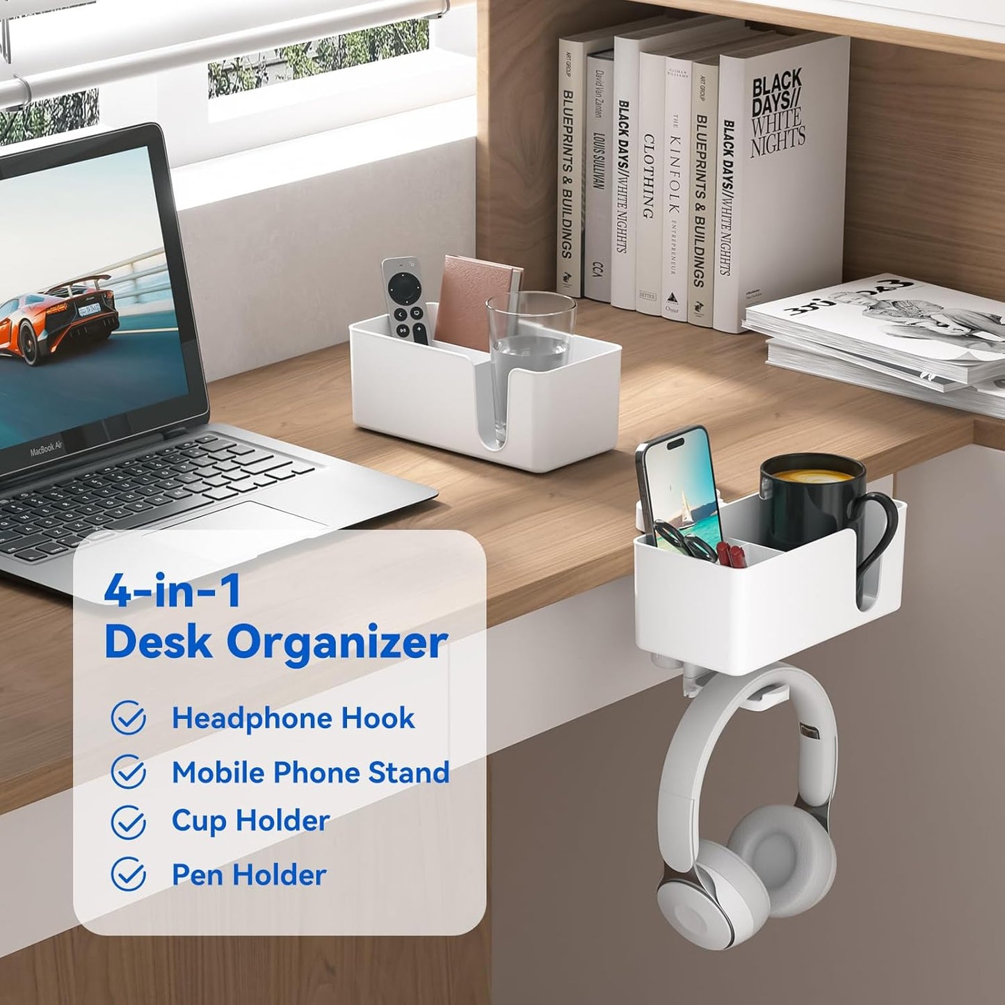 KDD 4 in 1 Desk Cup Holder - Clamp on Under Desk Headphone Hanger - Rotating Headphone Holder Detachable Pen Cup Holder Desktop Storage for Cup, Phone and Pen(Black)