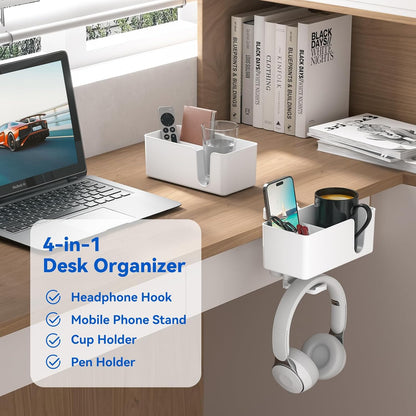 KDD 4 in 1 Desk Cup Holder - Clamp on Under Desk Headphone Hanger - Rotating Headphone Holder Detachable Pen Cup Holder Desktop Storage for Cup, Phone and Pen(Black)