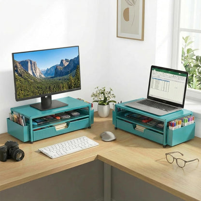 ECOLOVI Desk Organizer and Accessories, 2-Tier Computer Monitor Stand Rise with Storage Drawer & 2 Pen Holders, Laptop & Printer Stand for Desktop, Workspace Organizers for Office Supplies (Brown)