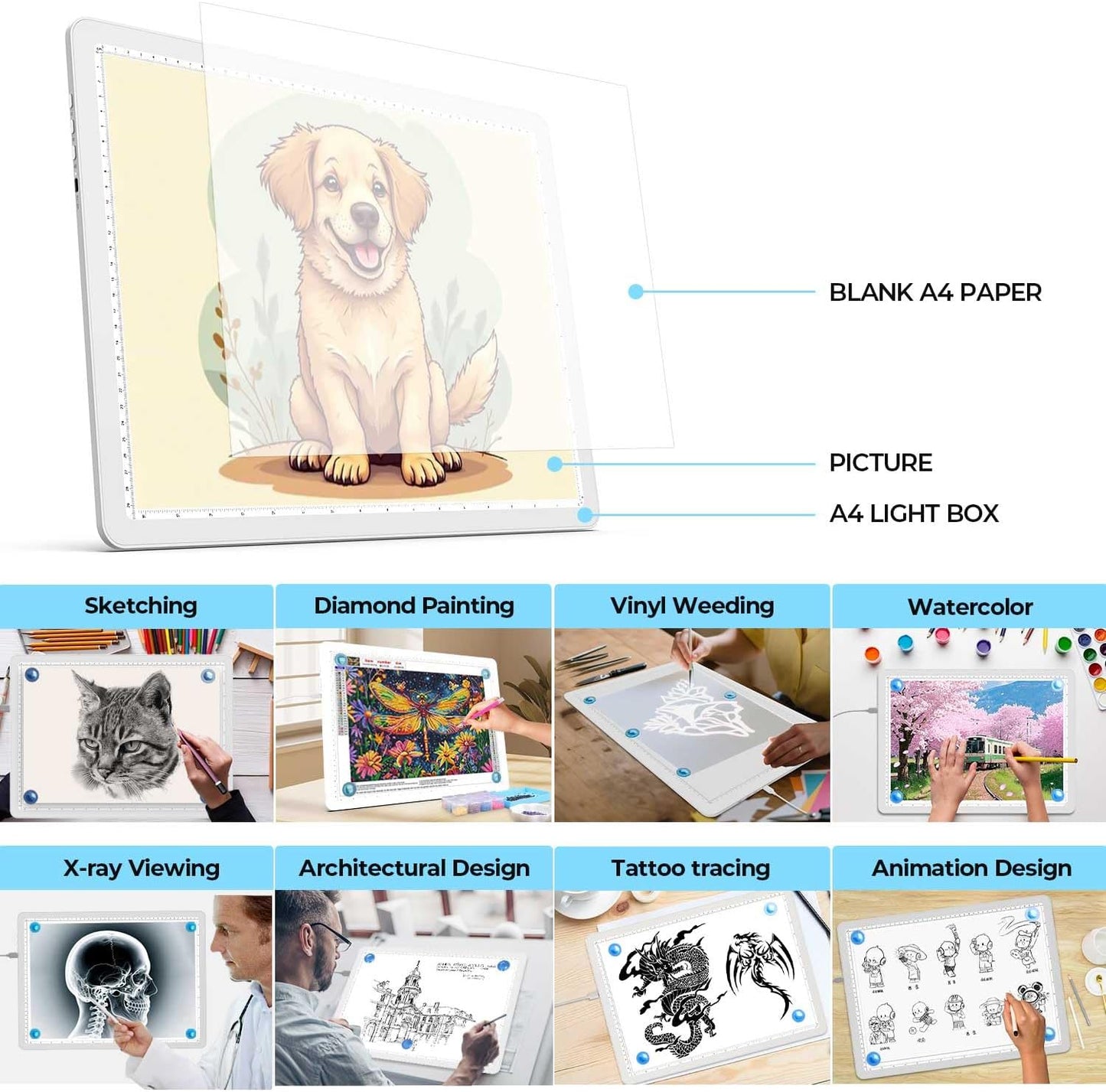 Heanolier A4 LED Copy Board Light Tracing Box,Super Bright Magnetic Light pad with Side physical Buttons,Adjustable Corded Light Table for Tattoo Transferring,Drawing, Light Board for Diamond Painting