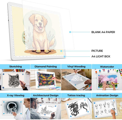 Heanolier A4 LED Copy Board Light Tracing Box,Super Bright Magnetic Light pad with Side physical Buttons,Adjustable Corded Light Table for Tattoo Transferring,Drawing, Light Board for Diamond Painting