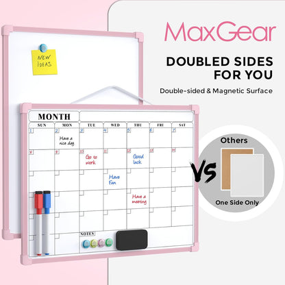 MaxGear Monthly Calendar Dry Erase Board for Wall, 16"x12" Small Hanging Double-Sided White Board, Portable Whiteboard for Planning, Drawing, Memo, to Do List, School, Home, Kitchen, Office