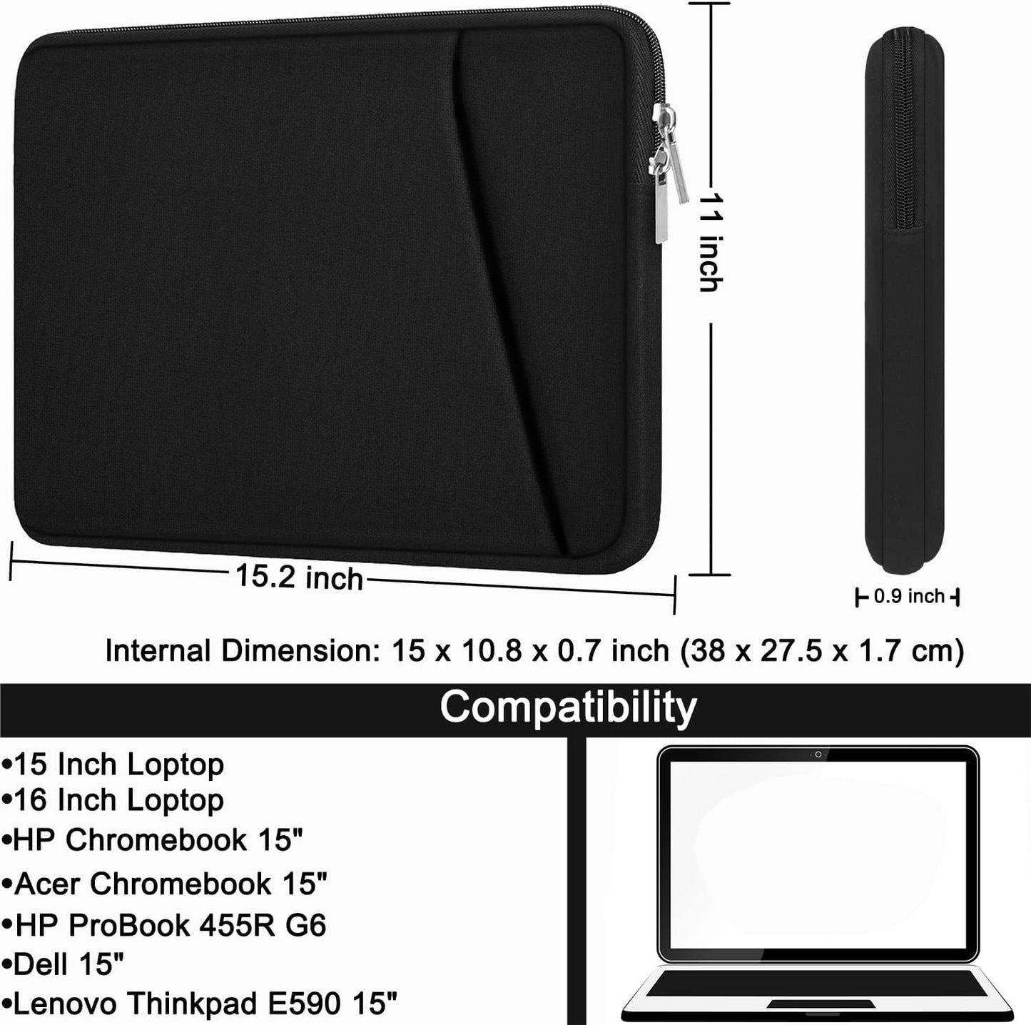Laptop Sleeve, Durable Briefcase Shockproof Protective Case, Handbags Portable Laptop Bag for 15.6 inch HP Dell Asus Lenovo Notebook Computer with Front Pocket, Black