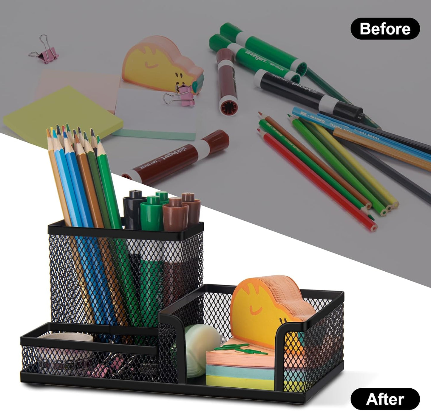 Comix Mesh Pen Pencil Holder Desk Organizer, 3 Compartment Wire Desktop Pen Pencil Cup Caddy Office Supplies Accessories for Home Office School, Black(2 Pack)