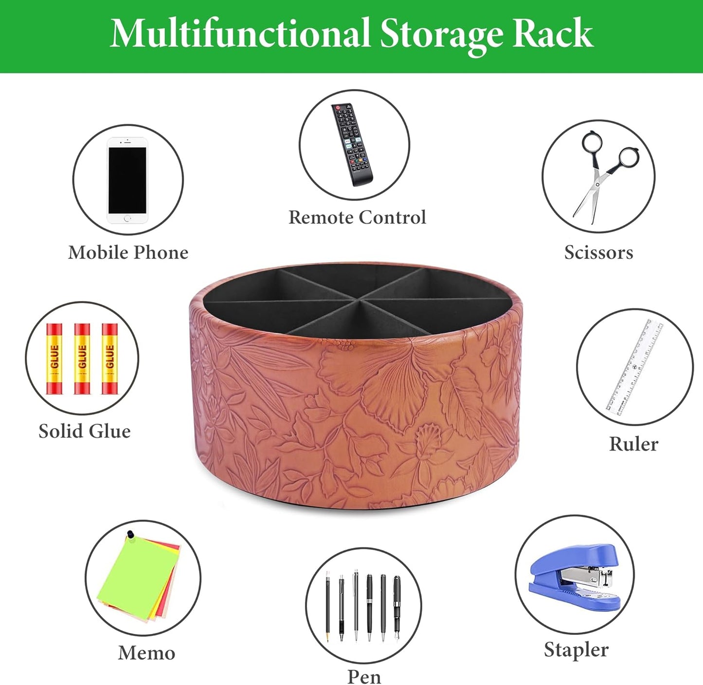 Round Leather Art Supply Organizer,Remote Control Holder,360 Degree Rotating,Multi-Functional Pencil Holder,4 Compartments Desktop Stationary Organizer(1-Fractal Flower) | Round - Colors C