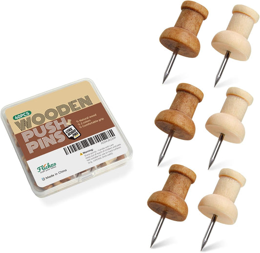 40 Pcs Wood Push Pins, Decorative Wooden Thumb Tacks for Cork Board, Natural & Light Brown Pins and Tacks, Bulletin Board Accessories, Map Tacks