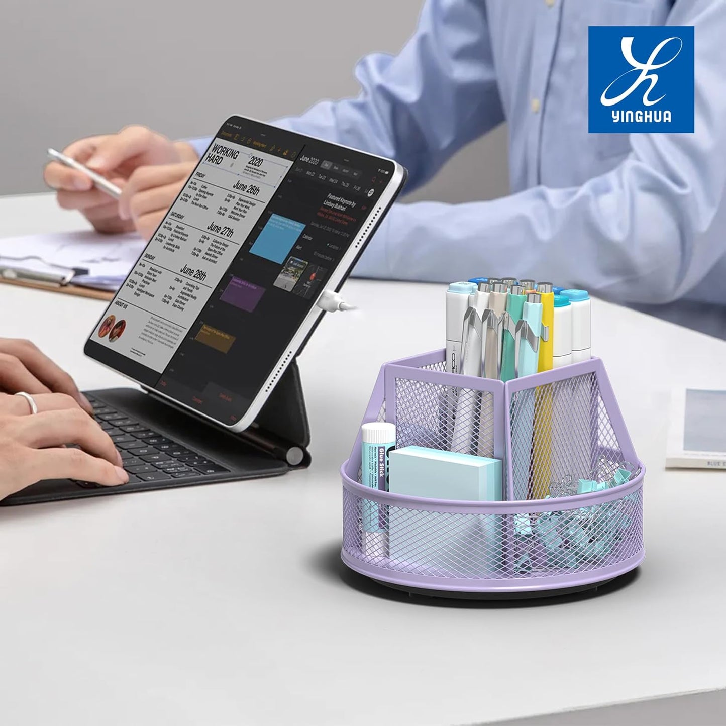 YINGHUA Metal Mesh Desk Organizer with 5 Compartments and Rotating Pencil Holder Pen and Stationery Organizer for Office Home School Anti Slip Base Black
