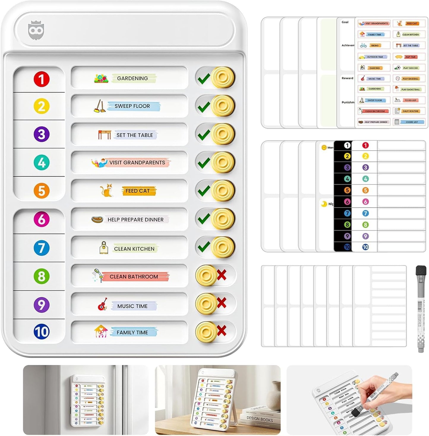 Chore Chart for Kids, Checklist Planning Board with Sliders, 19 Personalizable Sheets and Magnetic Marker, ADHD Tools for Kids to Do List Routine Chart Visual Schedule Board with Stand