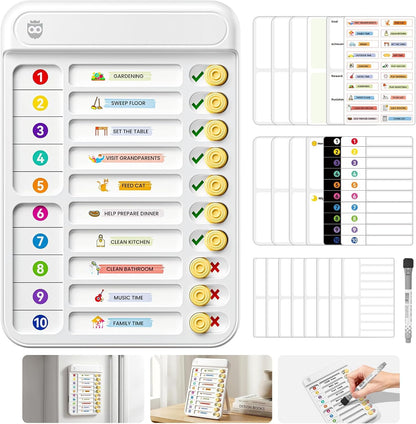 Chore Chart for Kids, Checklist Planning Board with Sliders, 19 Personalizable Sheets and Magnetic Marker, ADHD Tools for Kids to Do List Routine Chart Visual Schedule Board with Stand