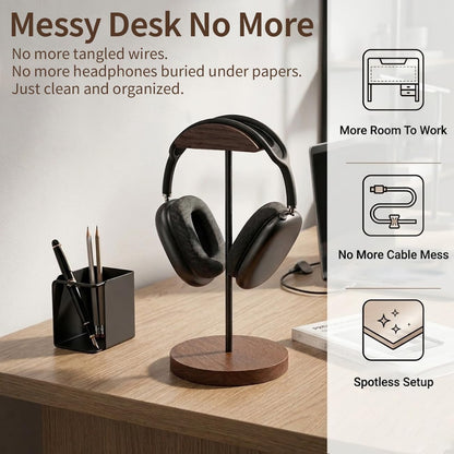Headphone Holder Stand for Desk, Wood and Metal Headset Hanger Mount Hook Gaming Holder Desktop Earphone Artful Functional Craftsmanship Stand for All Headsets with Solid Wooden Base