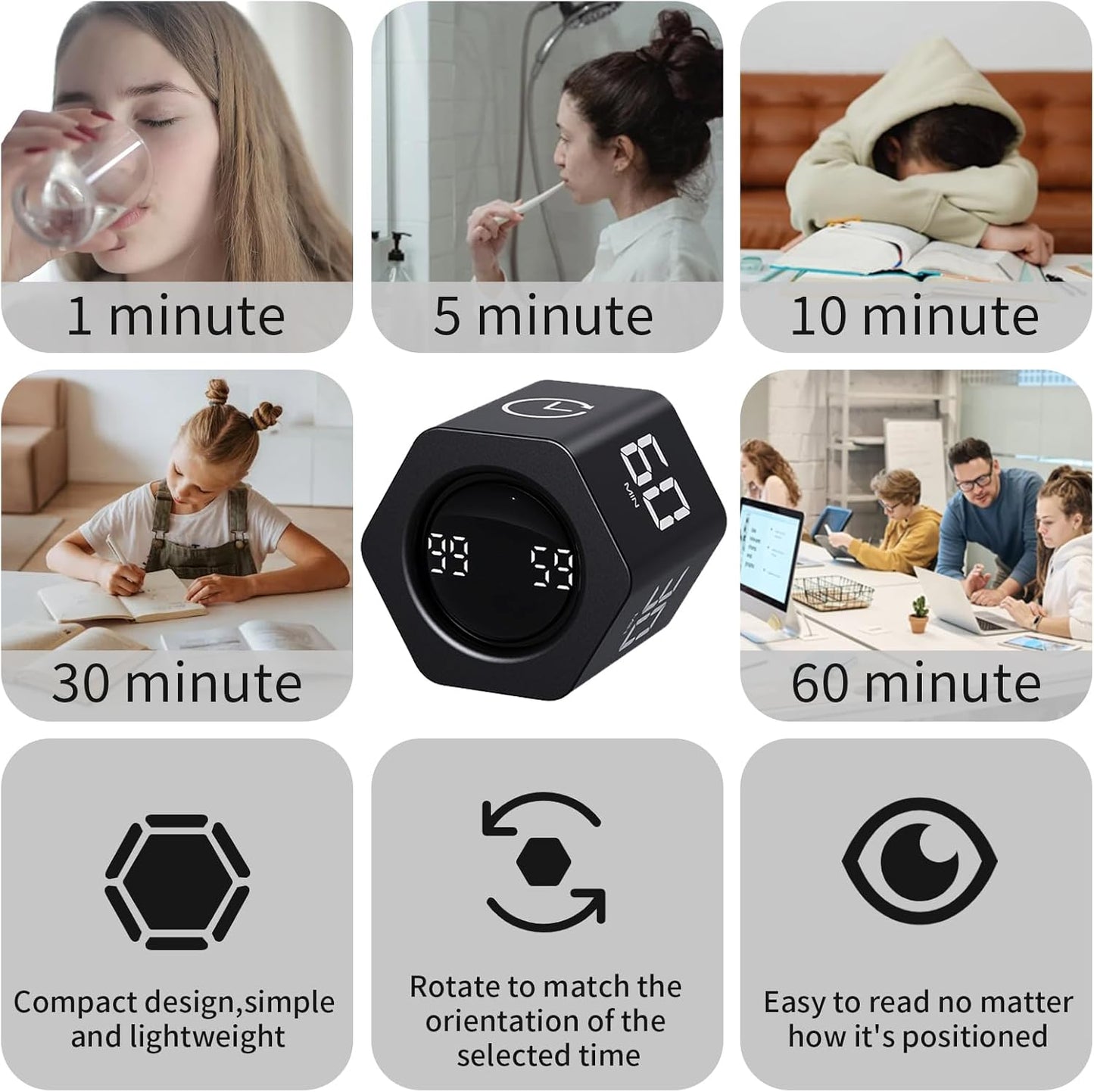 LUCKY TIME Productivity Timer Flip Gravity Sensor Pomodoro Cube Timer Countdown & Countup,1/5/10/30/60min Preset & Custom Timing, Mute/Vibrate/Sound for ADHD,Work,Study,Kitchen(1, White Hexagon)