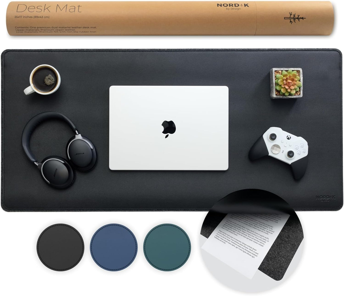 Nordik Felt and Leather Desk Mat - Willow Haze Sage - 35x17 Inch Felt and Vegan Leather Desk Blotter with Document Hideaway - Large Computer Mats for Desktop - Ideal Keyboard Mat for Office and Home