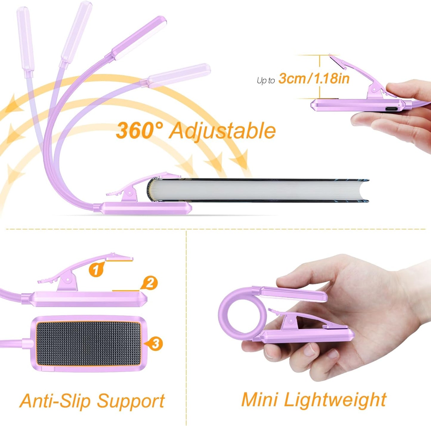 Gritin 9 LED Rechargeable Book Light for Reading in Bed - Eye Caring 3 Color Temperatures,Stepless Dimming Brightness,80 Hrs Runtime Small Lightweight Clip On Book Reading Light for Studying