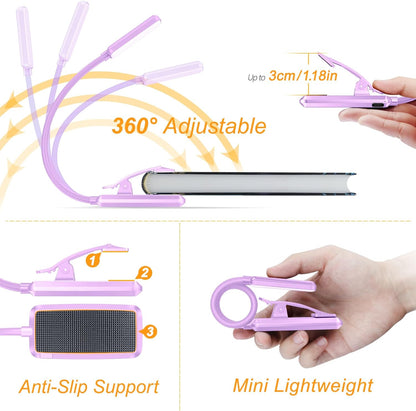 Gritin 9 LED Rechargeable Book Light for Reading in Bed - Eye Caring 3 Color Temperatures,Stepless Dimming Brightness,80 Hrs Runtime Small Lightweight Clip On Book Reading Light for Studying