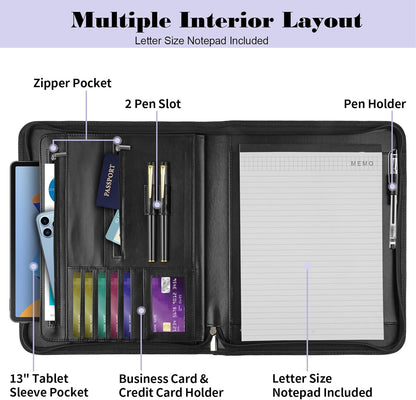 Leather Padfolio Portfolio Binder Organizer, with 25 Pages Notepad & 13" Tablet Sleeve, Professional Conference Meeting Business Zipper Folder for Letter Size A4 Legal Writing Pad Document Men Women