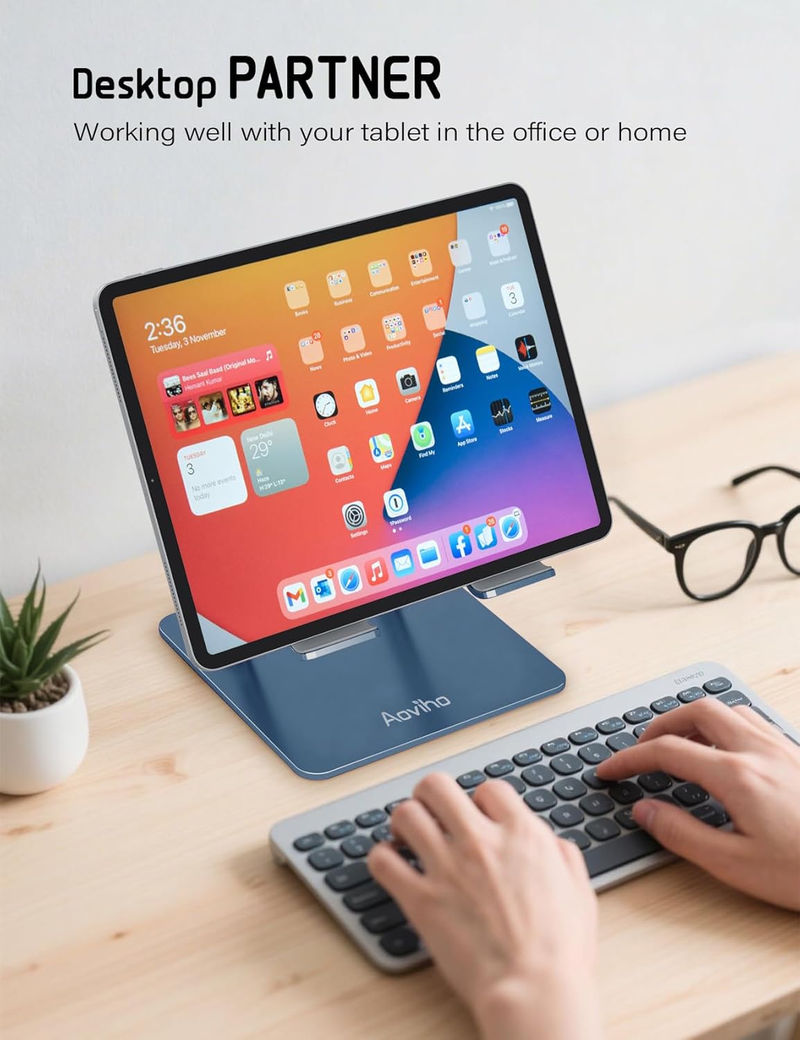 Aoviho Tablet Stand Holder for Desk, Adjustable Aluminum Desk Accessories, Stable Desktop Stand for Office Home,Compatible with iPad Pro Air Mini, Samsung Tablets, Rose Gold