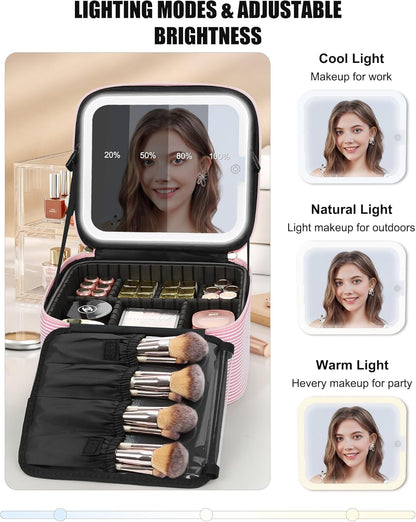 Relavel Travel Makeup Bag With LED Mirror, Cosmetic Train Case with Light up Mirror, Portable Makeup Artist Organizer Bag with Adjustable Dividers, Makeup Brush Holder Storage, Black