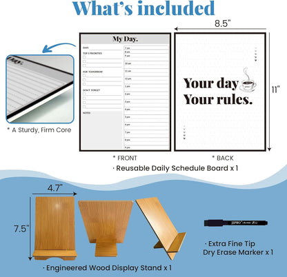 JJPRO Reusable Desktop Daily Planner with Stand,Reusable Time Schedule Board,11"x8.5" Hourly Schedule Dry Erase Board with Time Slots,Desk Hourly Dry Erase Board w/Engineered Wood Stand-Sage Green