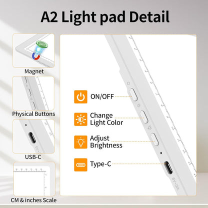 TOHETO Rechargeable A4 Light Board with Stand, Super Bright Magnetic Light Pad with Side Buttons, Wireless Light Box for Tracing and Drawing, Cordless LED Light Table for Diamond Painting, Sketching
