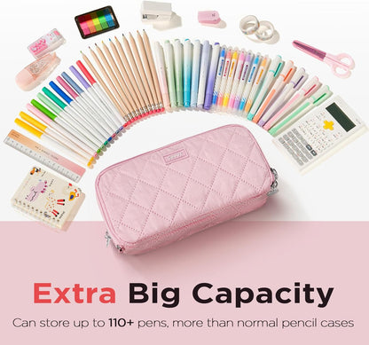 Sooez Large Pencil Case Pouch, Extra Big Pencil Bag with 8 Compartments, Pen Bag Wide Opening, Soft Quilted Pencil Pouch Organizer with Zipper, Portable Pencil Case for Teen Girls, Pink