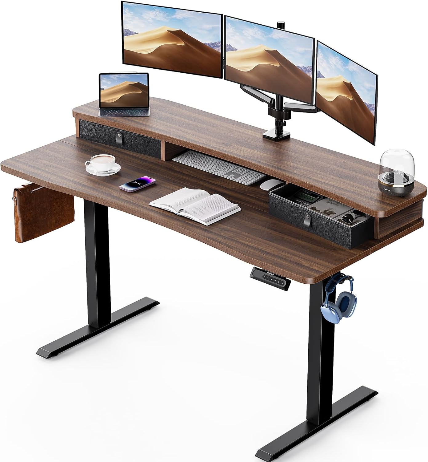 HUANUO 48″ x 24″ Electric Standing Desk with 2 Drawers, C-Clamp Mount Compatible, Height Adjustable Computer Desk, Home Office Stand Up Desk with 4 Preset Heights & 2 Hooks, Black